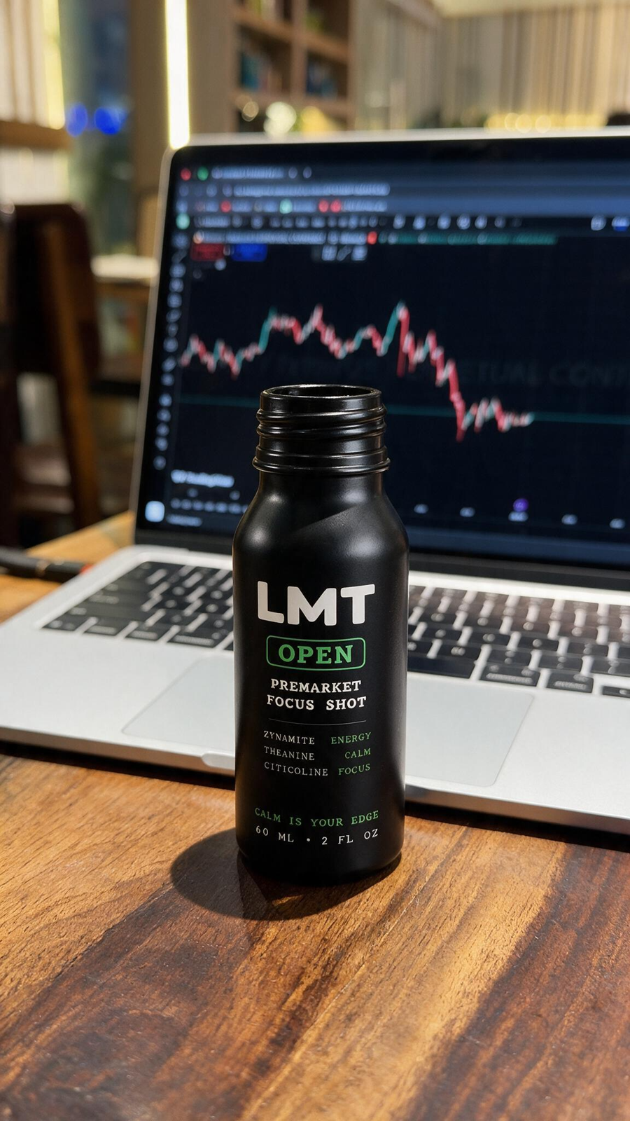 A bottle of LMT Open beside a laptop at a trading desk