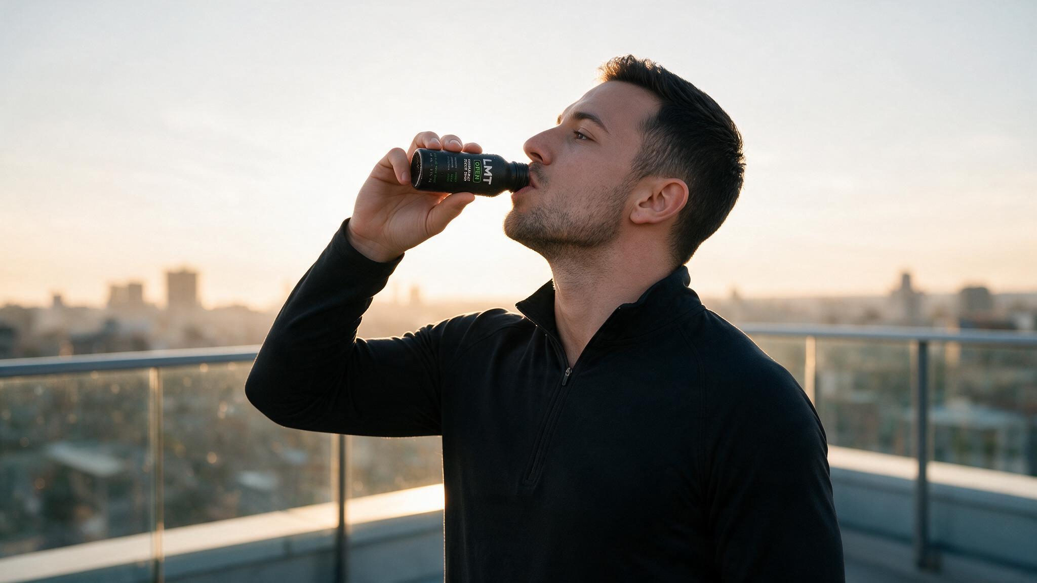 A trader drinking LMT Open at sunrise