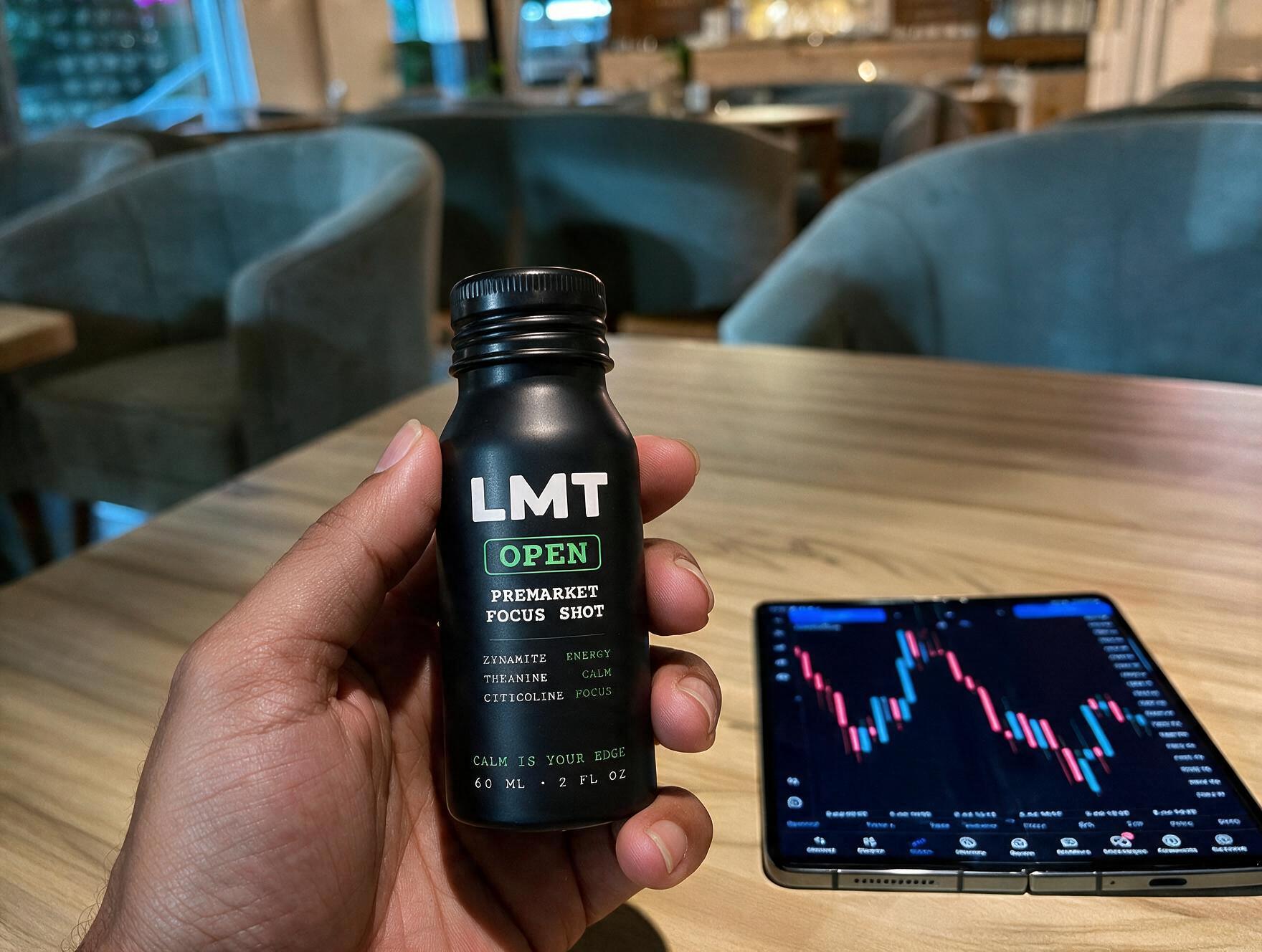 A trader holding LMT Open beside a phone showing a candlestick chart